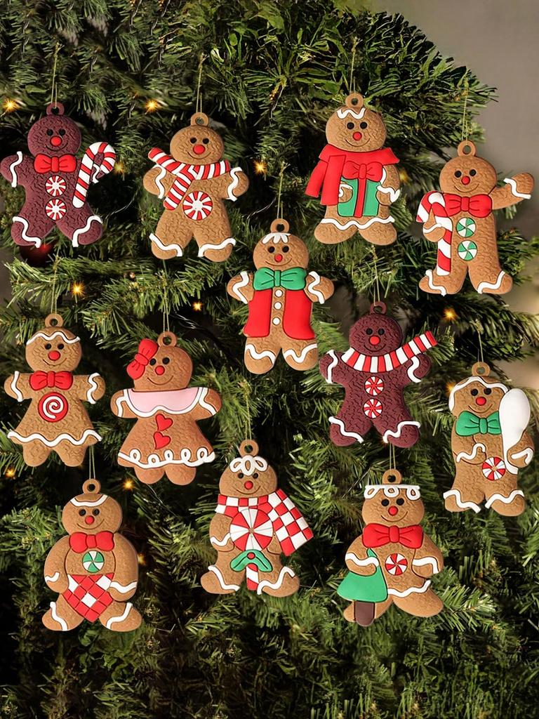 12Pcs Christmas Gingerbread Man Ornaments Cute Gingerbread Figure Hanging Decorations DIY Festive Xmas Tree Decor for Home&Party