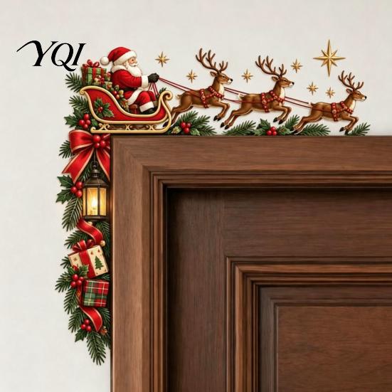 Xmas Fireplace Hanging Sign Christmas Door Topper, Funny Santa Claus Reindeer Sleigh Frame Holiday Decoration Corner Sign, Wooden Home Decor