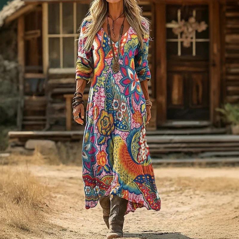 Creative Tie-dye Printing Women's New V-neck Long-sleeved Dress Medium and Long Dress