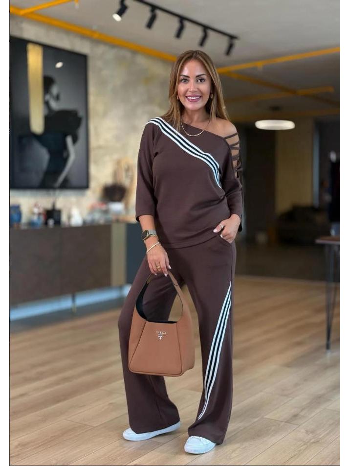 2025 Осень Европейский и Американский Женский Спортивный Повседневный Рубчатый Спортивный Костюм M каштановый