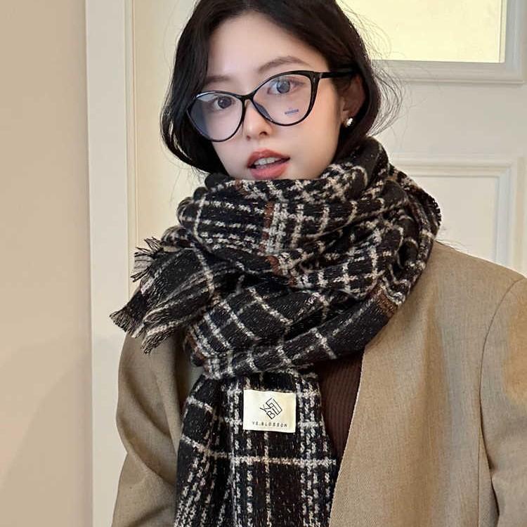 Houndstooth Bright Silk Scarf Warm Neck Winter Premium Plaid Knit Scarf