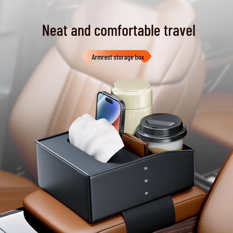 High-End Multifunctional Car Console Storage & Cup Holder with Tissue Box