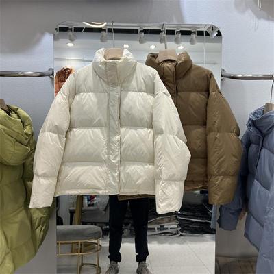 Winter Autumn Women Loose Padded Zipper Solid Color Jacket Stand Collar All Match Warm White Duck Down Coat