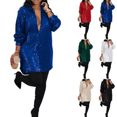 Women's Loose Sequin Button Down Long Sleeve Party Club Shirt Dress