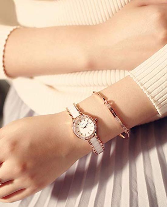KIMIO K6121 Watch Simple White Rose Gold Watch Diamond Women's - Design, Ceramic, Band, Dial.