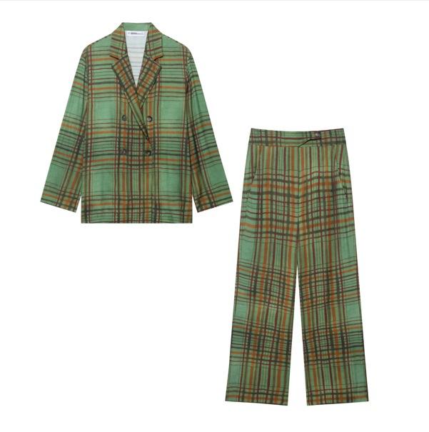 Cross-border foreign trade wholesale, European and American style plaid pendant suit jacket cover + nine-point flared pants set
