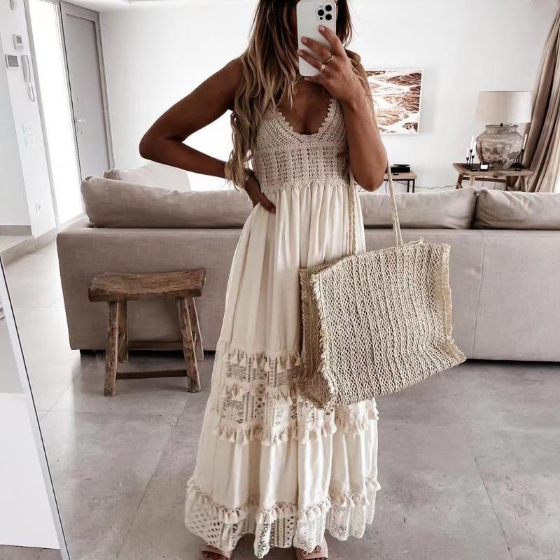 Sleeveless Summer Beach Long Sexy Dress Women Elegant V-neck Hollow Lace Spliced Dress Solid Vacation Loose Vintage Bohemia Dresses 24165
