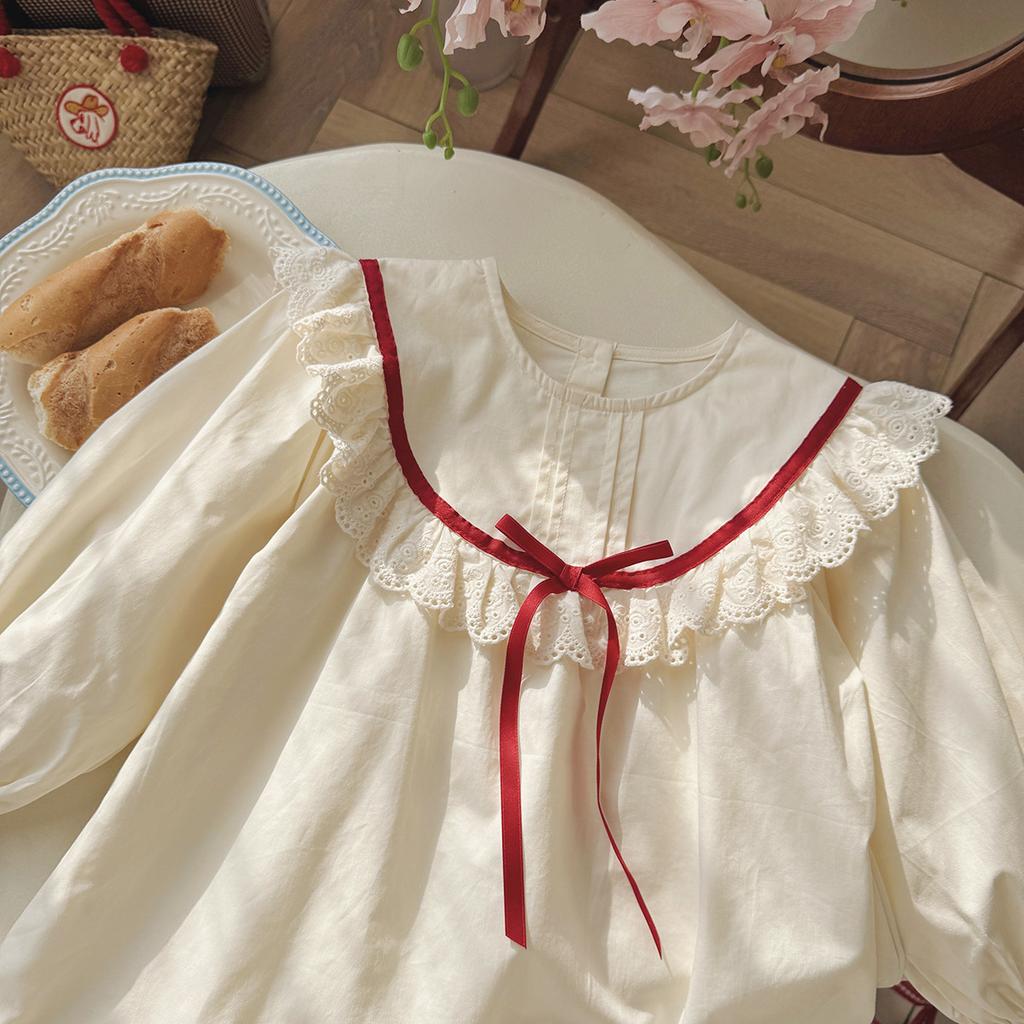 Spring Girls Block Lace Dress Long Sleeve Ruffle Hem Sweet Children Princess Party Dress With Floral Trim