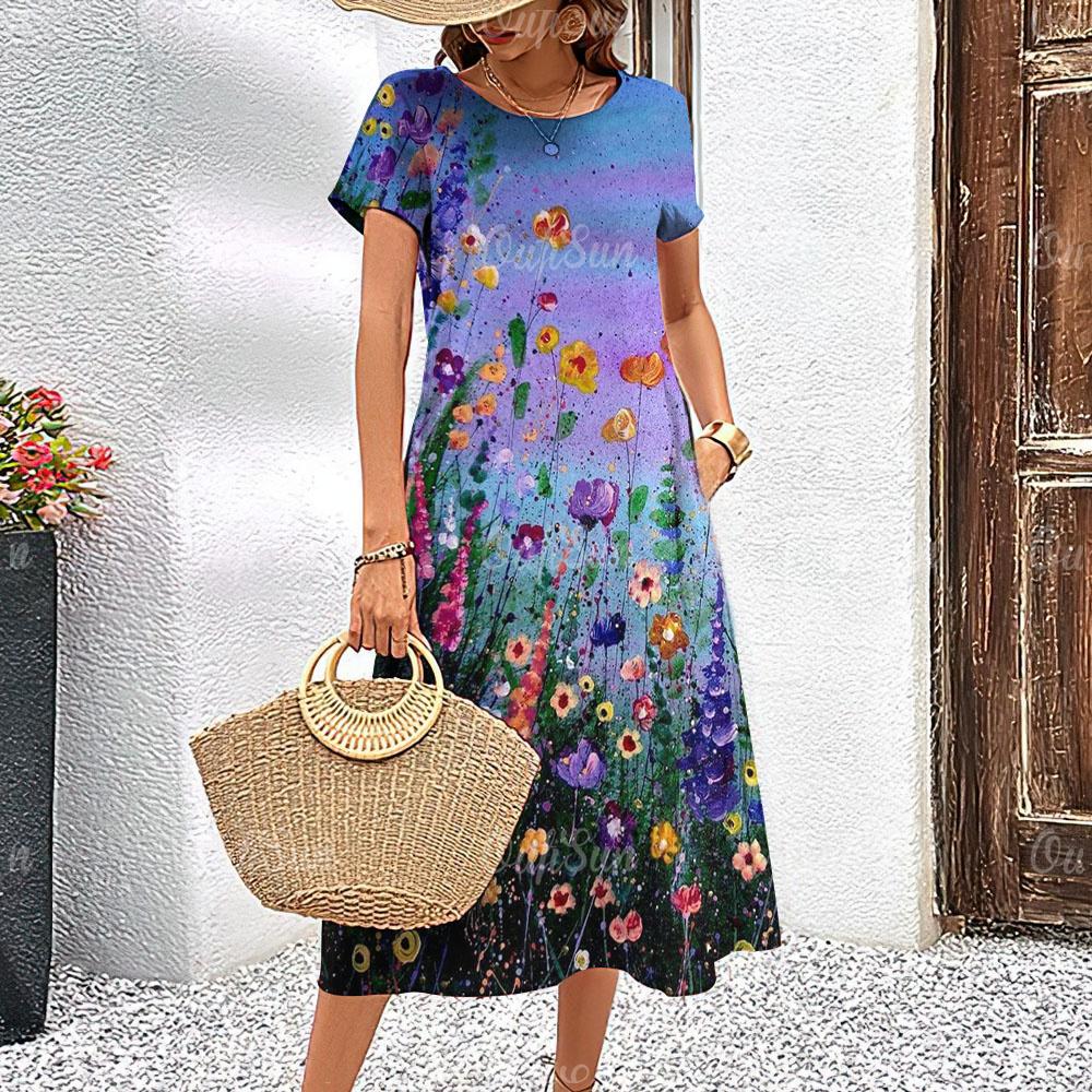 2024 Nové dámské šaty Elegantní květinové potisky Letní prázdninové midi šaty Dámské šaty s krátkým rukávem Módní nadměrné oblečení