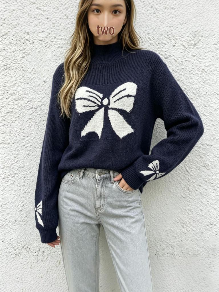 2026 Fall/Winter European Bow Jacquard High Neck Loose Knit Women's Sweater