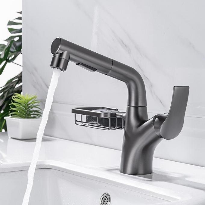 Bathroom Mixer Faucet Hot and Cold Water Tap Household Brass Basin Faucets with Storage Rack Multi-functional Pull-out Faucet