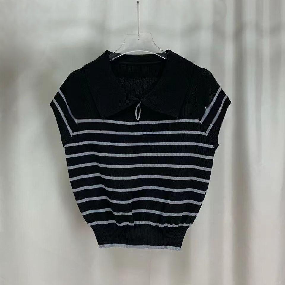 

Летняя универсальная полосатая ажурная трикотажная рубашка Sense Knit, топ с коротким рукавом, повседневный летний базовый комфорт и стиль, облегающие свитера, футболки One size темно-серого