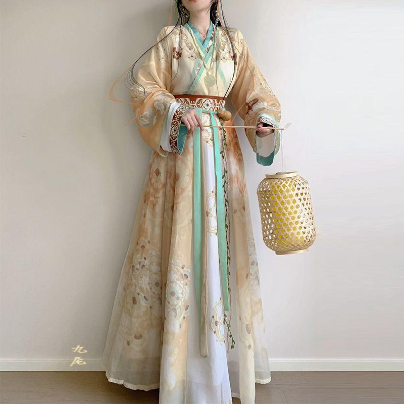 Chinese Jin Dynasty Style Hanfu, Cross-neck One-piece Waist-length Skirt, Daily Three-piece Set