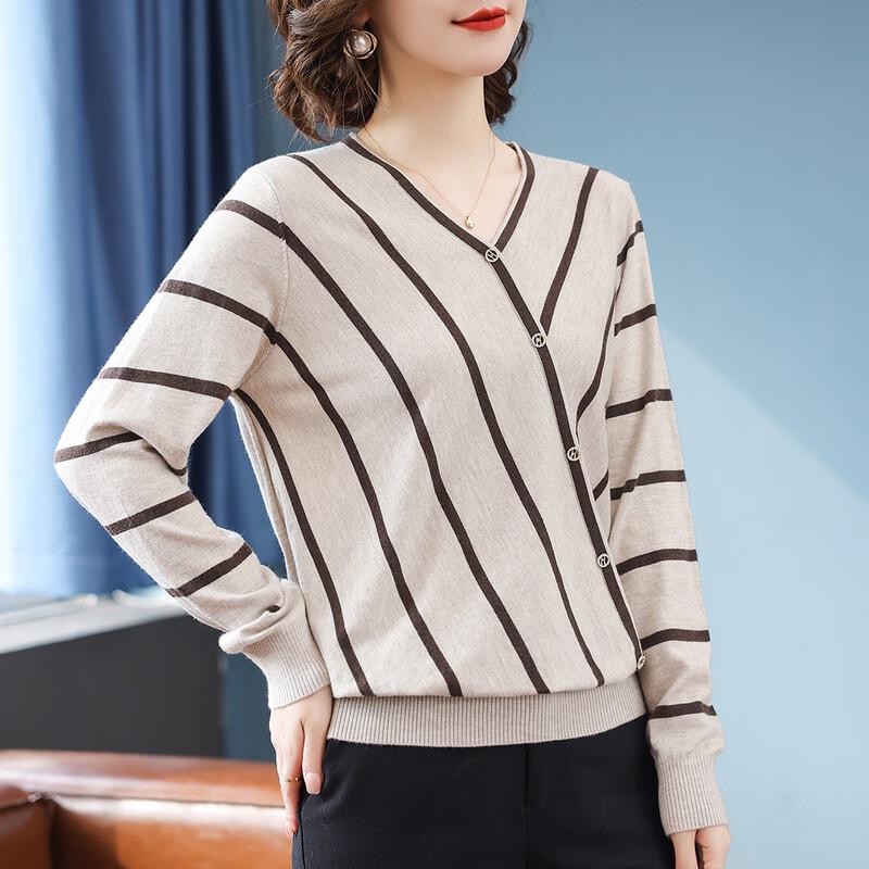 Baolianduo Women's Striped V-Neck Long Sleeve Knit Top