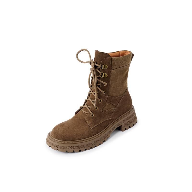 New women's leather boots leather lace-up thick-soled non-slip low boots autumn and winter mid-heel square heel cowhide Martin boots women