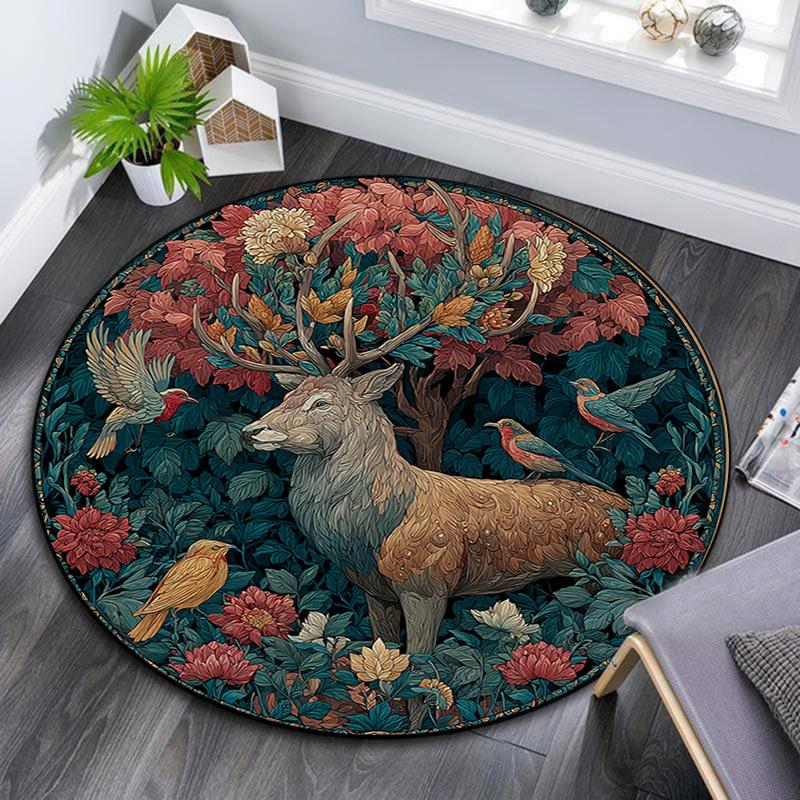 Deer in the Garden Round Area Rug,Carpet Rug for Living Room Bedroom Sofa Playroom Decor,Non-slip Floor Mat