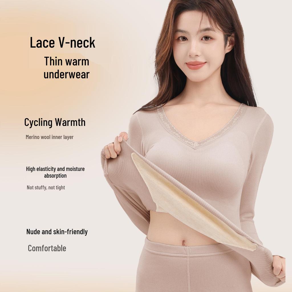 Women’s Cashmere Silk Slimming Underwear Set with Built-In Bra: Warm Cotton-Wool Long Sleeve Top & Bottoms for Autumn/Winter