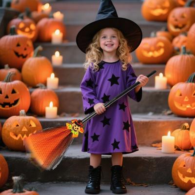 Halloween Witch Broom Costume Toy Cosplay Props Pretend Play Accessories for Haunted House Trick-or-Treat Children Boys Girls