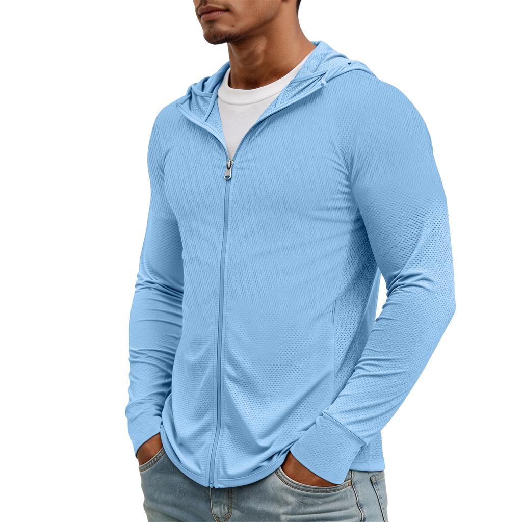 Giacca con cappuccio da uomo leggera con zip, sottile, protezione solare, traspirante, manica lunga, abbigliamento sportivo da esterno per ciclismo, pesca, escursionismo, arrampicata