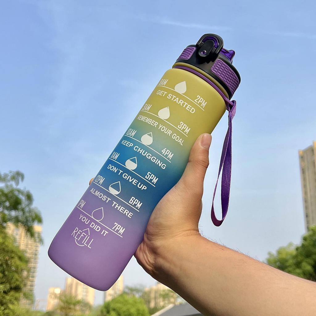 32oz Gradient Water Bottle with Lanyard & Straw - 1L Large Capacity for Outdoor Sports