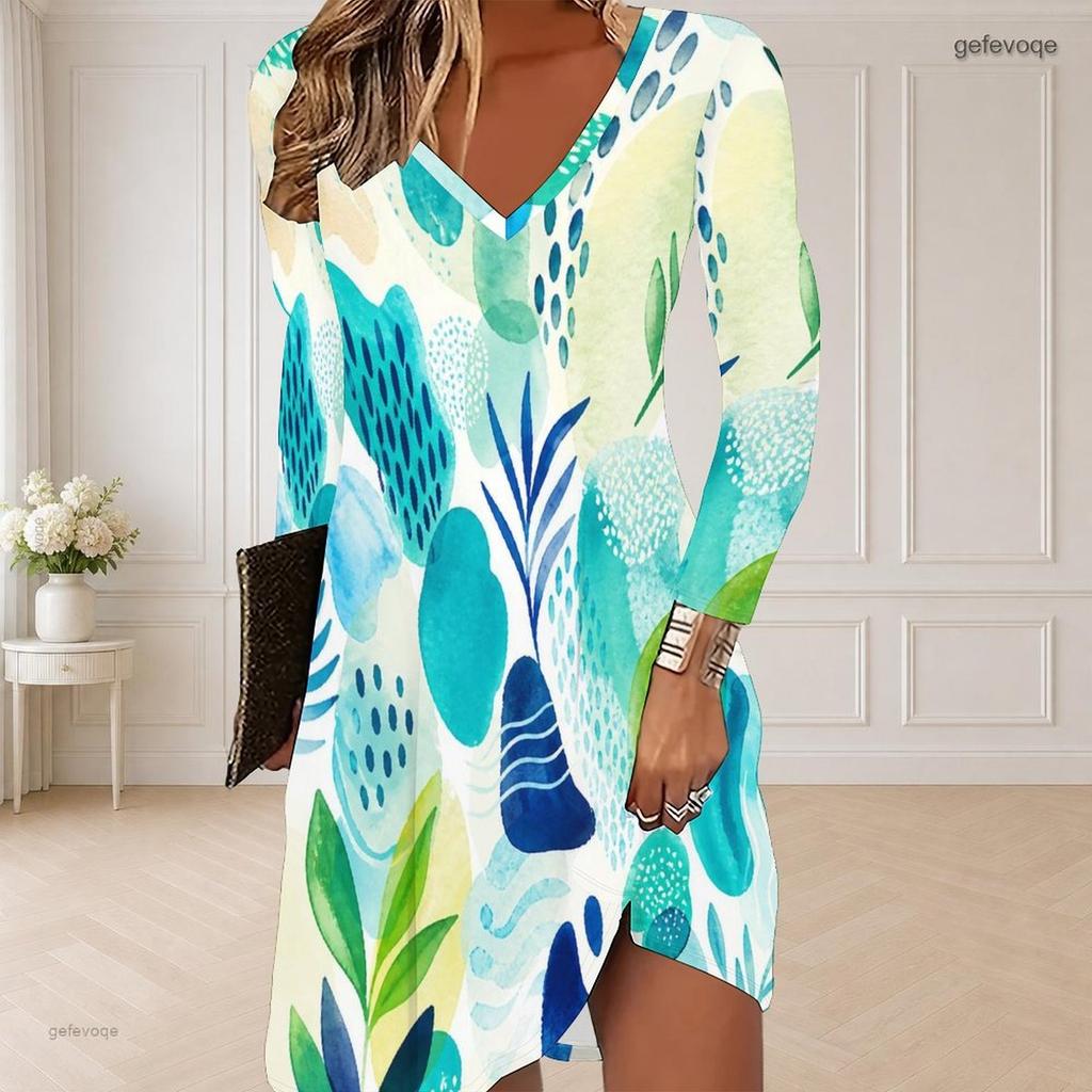 Women Plus Size V Neck Long Sleeve Abstract Printed Curved Hem Dress