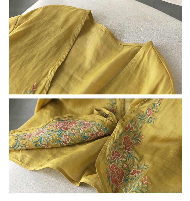Women's 2024 Spring/Autumn Cotton Linen Retro Embroidered Blouse - Sunscreen Shawl Dress Shirt with Lace-Up Detailing.