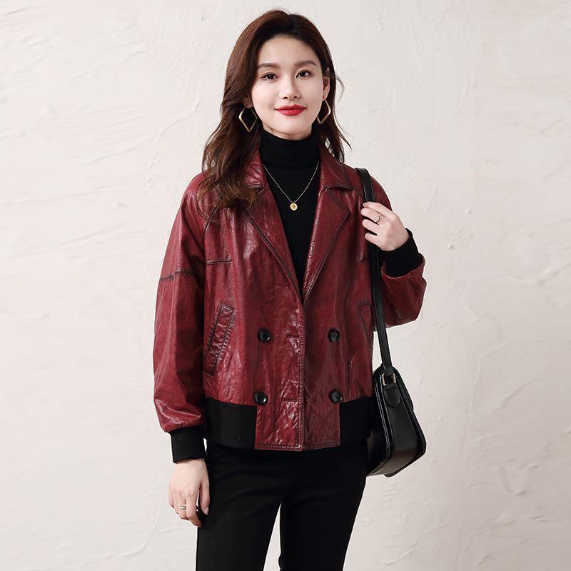 Genuine leather jacket for women, waxed cowhide spring and autumn new Korean version, versatile, light and mature, loose temperament jacket