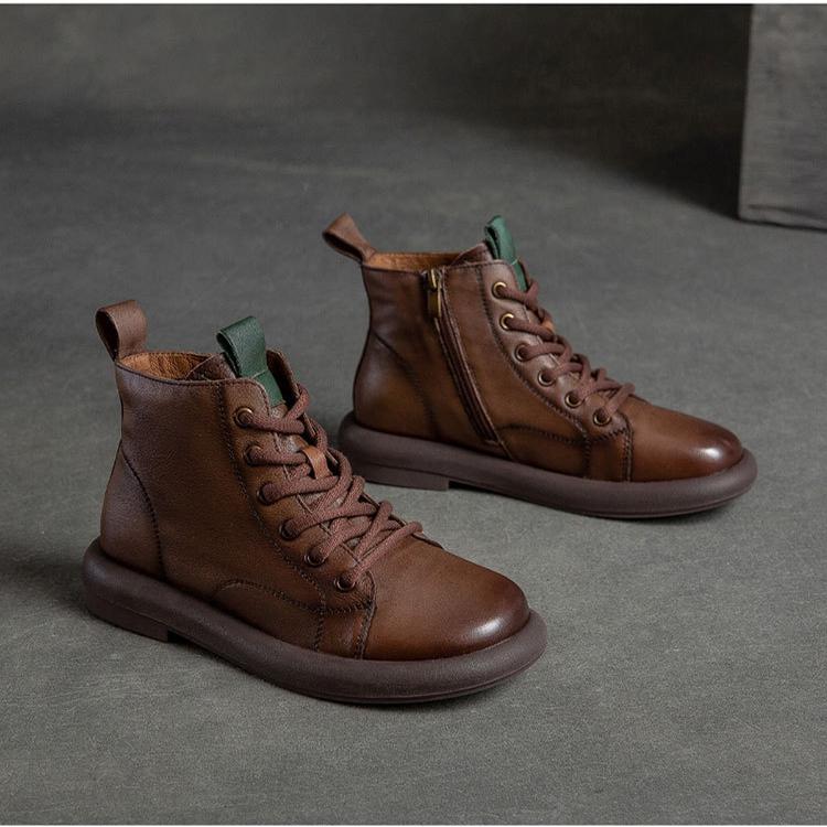 Johnature Oryginalne skórzane botki retro na co dzień, jednolity kolor, miękka podeszwa, krótkie buty, uniwersalne buty damskie