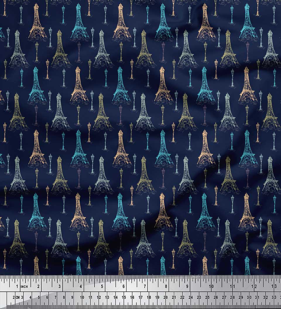 

Soimoi Blue Japan Crepe Satin Fabric уличный фонарь и ткань с архитектурным принтом Эйфелевой башни на метр 42 дюйма 42 Inch Wide - Poly Crepe синий