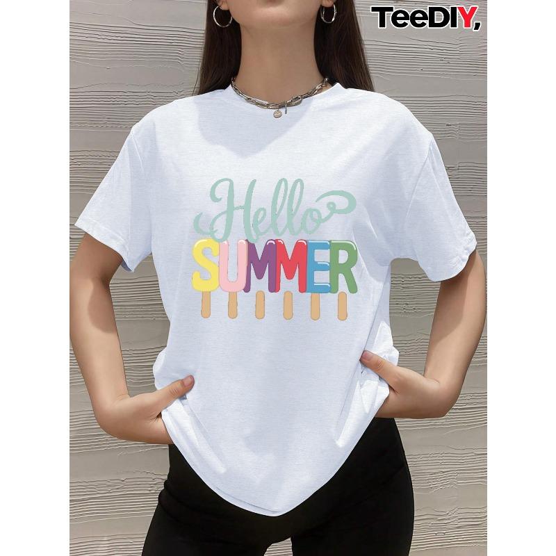 

Women s Hello Summer Popsicle Letters Graphic T-Shirt - Colorful Ice Design, Casual Round Neck Short Sleeve Top for Beach, Pool & Casual Attire S белый
