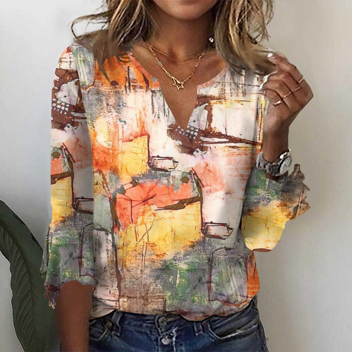 

Осень 2023, новая мода, женский повседневный топ с v-образным вырезом и рукавом 3/4 с принтом, большие размеры