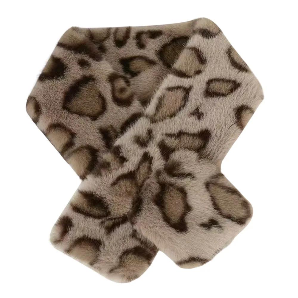 Cute Thicken Warm Leopard Print Scarf Windproof Soft Faux Fur Scarf Faux Rabbit Fur Faux Collar Winter Scarf Neck Wrap