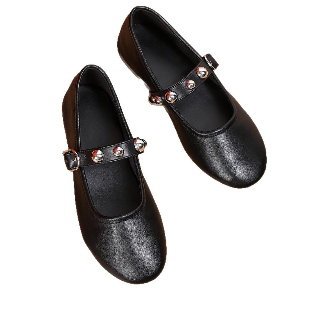 Fashion rivets ankle belt flat shoes woman round toe cozy loafers soft leather mary janes women flat heel moccasins big size 41