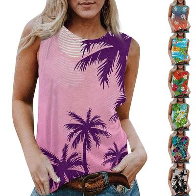 Women's Round Neck Casual Sleeveless X Hawaiian Printed Vest T-shirt Top