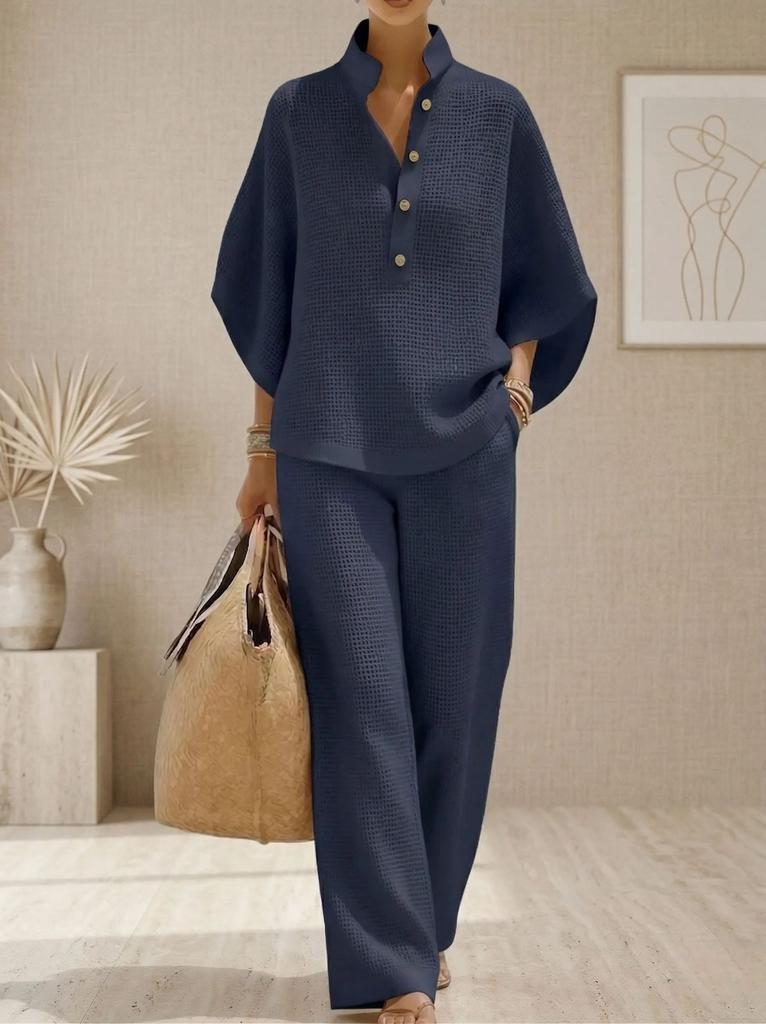2026 European and American Cross-border Women's Clothing Casual Loose Breathable Solid Color Button-up Shirt Top Wide-leg Pants Set Summer