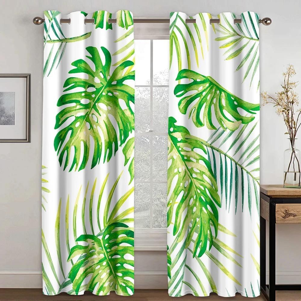 2pcs Tropical Leaf Curtain Green And White Plant Palm Summer Hawaiian Watercolor Plant Banana Tree Natural Print Curtain Bedroom