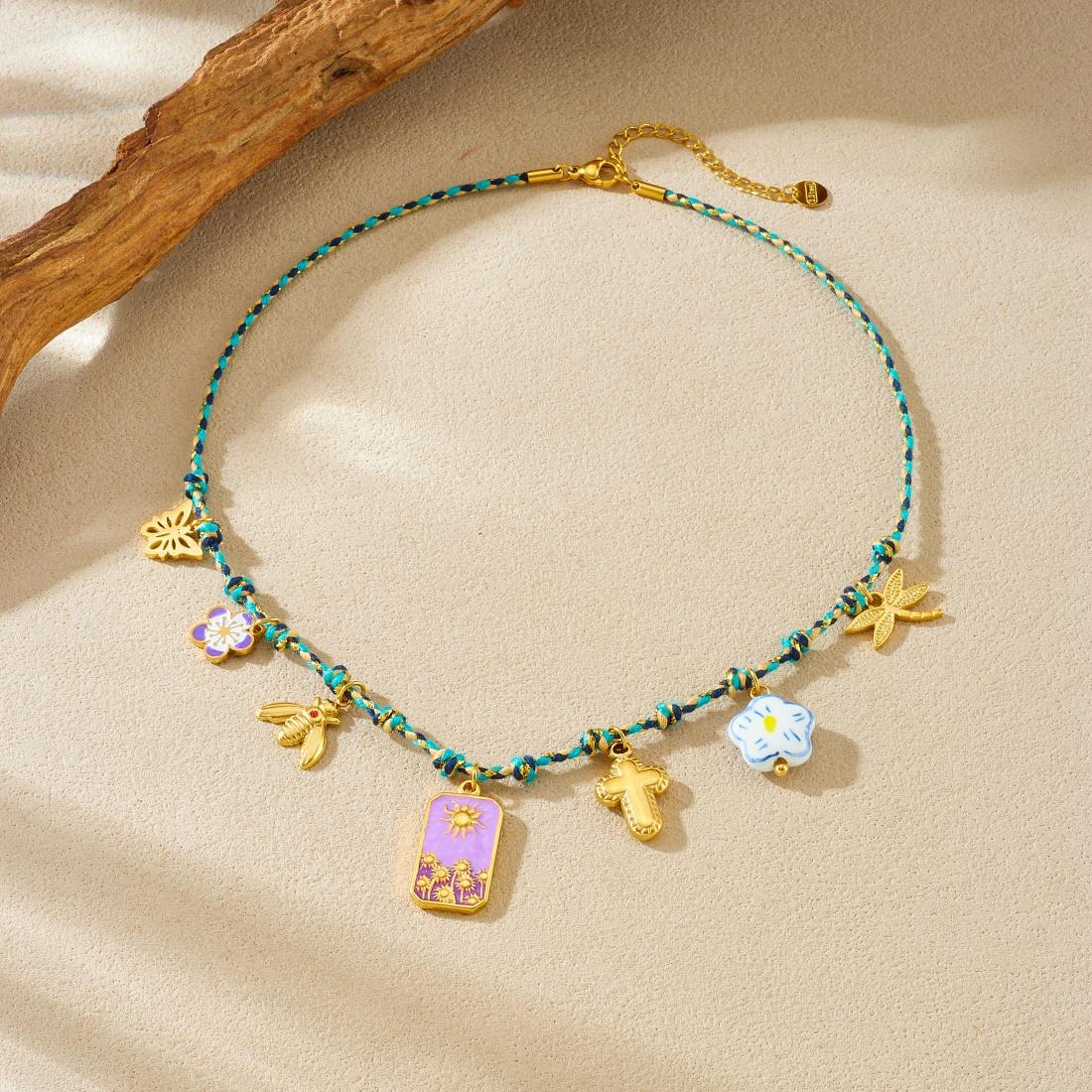 

316L Stainless Steel Insect Dragonfly Butterfly Bee Flower Cross Pendant Necklace Women Trendy Colored Rope Neck Chain