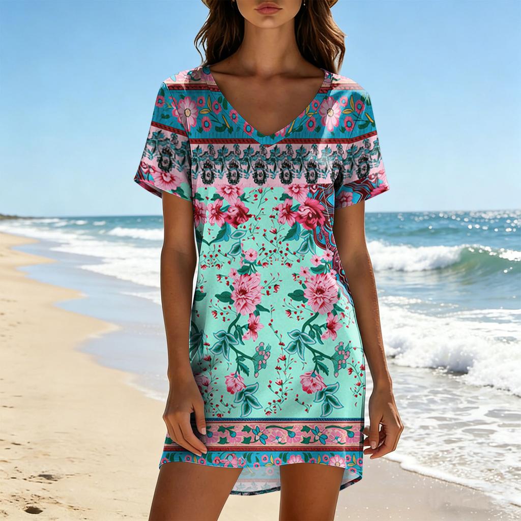 Women's Summer Fashion V Neck Short Sleeve Casual Retro Printed Dress Lightweight Comfortable Fit Versatile Style Suitable for Daily Wear
