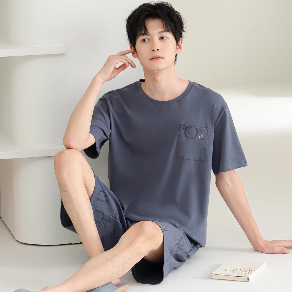 Men's 100% Cotton Short Sleeve Pajama Set - Summer Lightweight, Wearable Outdoors, Ideal for Teens