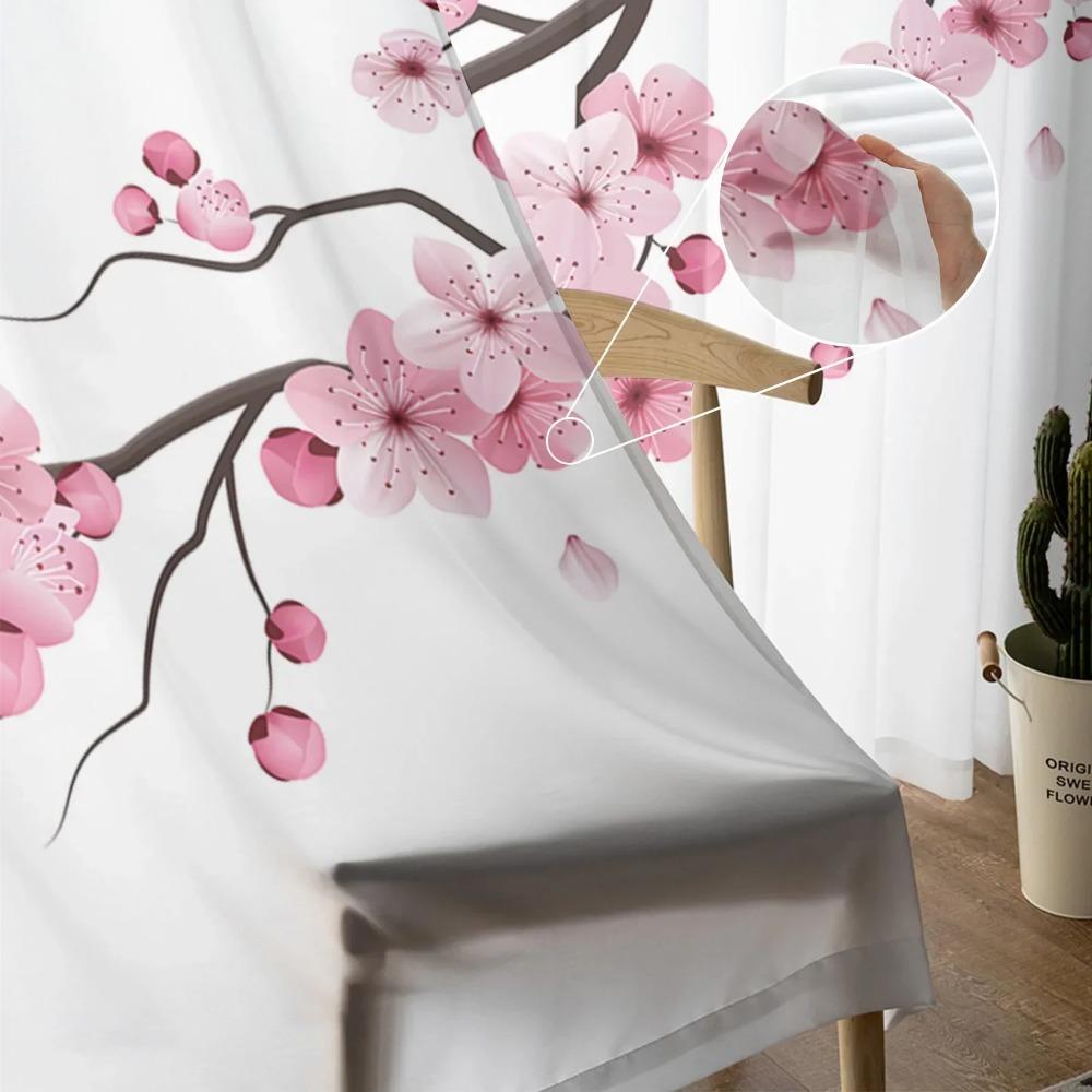 Japanese Pink Flower Cherry Blossom White Sheer Drapes for Living Room Bedroom Decor Window Curtain Curtain Panels