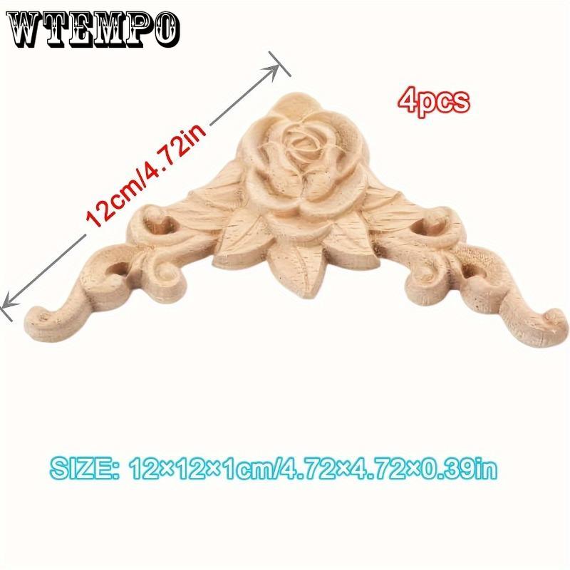 4Pcs Wood Appliques Onlays for Furniture, Handmade Carved Unpainted Corner Decoration for Home Wall Door Bed Cabinet Cupboard Retro Rose Pattern