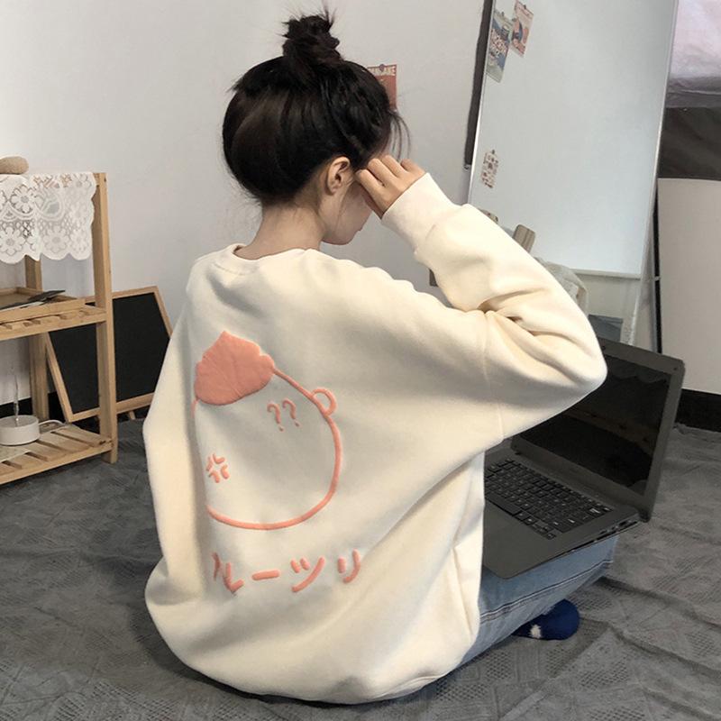 New cute printed jacket velvet casual lazy wind round neck loose sweater women