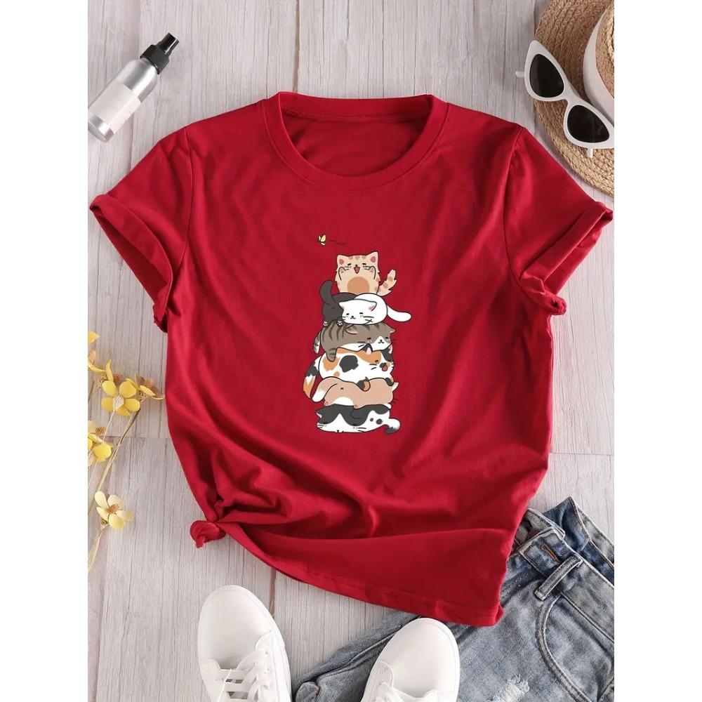 

Cat Print Crew Neck T-Shirt Casual Short Sleeve T-Shirt For Spring Summer Women s Clothing 3XL