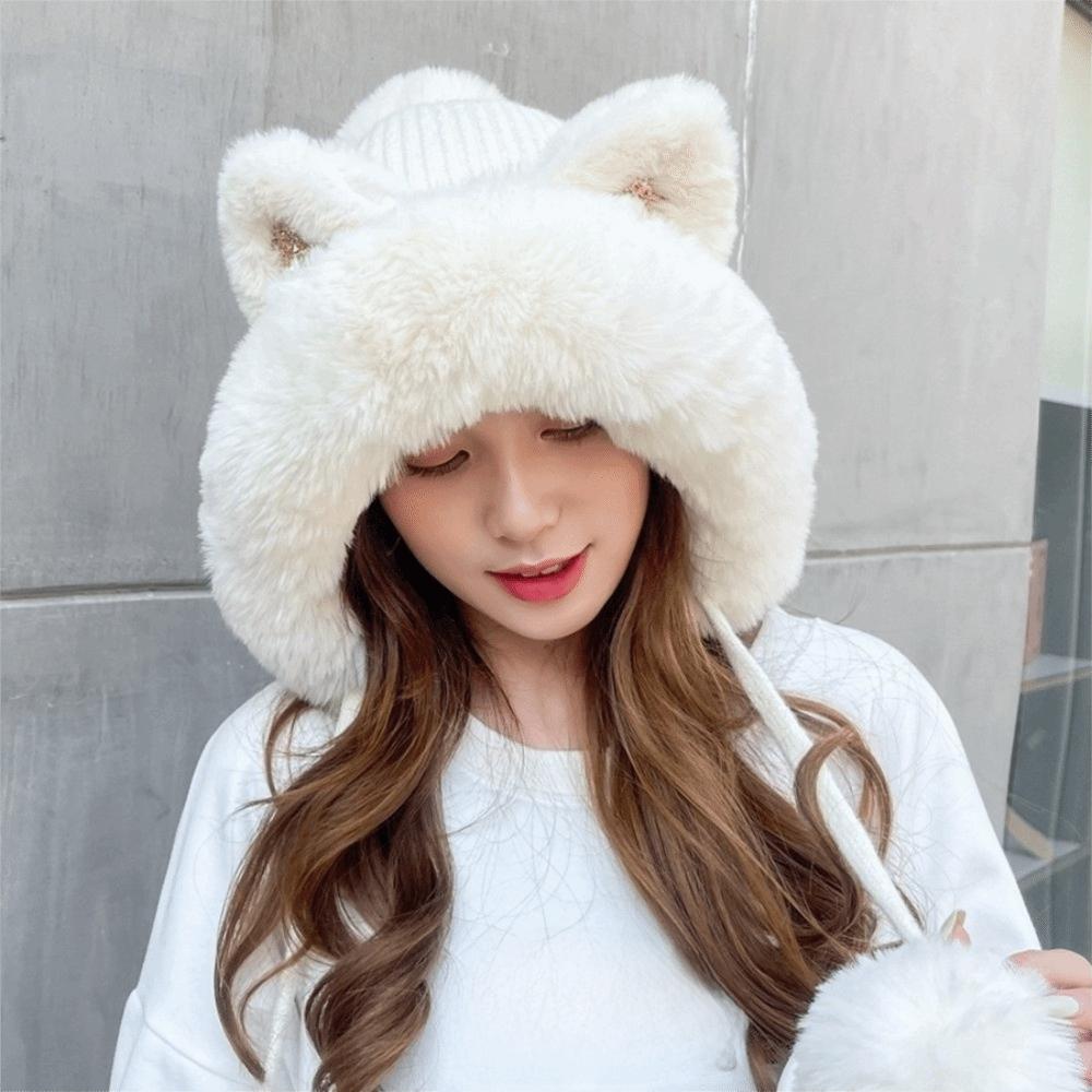 Woolen Cat Ears Beanie Fluffy Ear Protection Hat Cute Winter Plush Hat Female/Girls