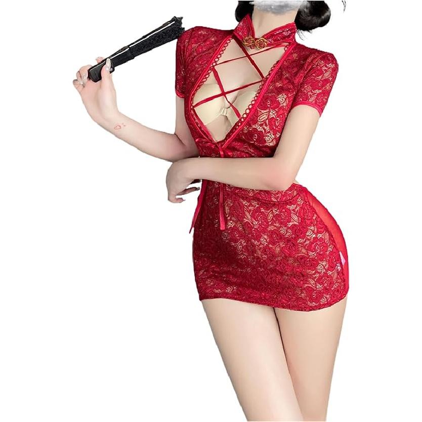 SINGUYUN Chinese Cheongsam Lingerie Retro Print Dress Sexy Anime Cosplay Costume for Women Qipao Babydoll Outfit