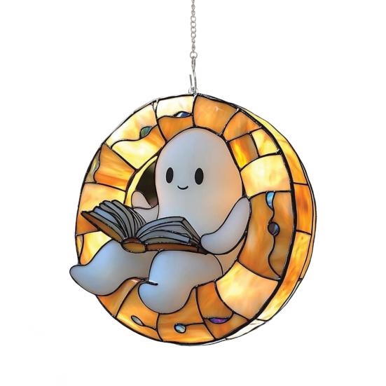 Halloween Reading Ghost Suncatcher Decoration Hanging Chair Cartoon Ghost Stained Glass 2D Flat Acrylic Wall Window Hanging Sign Ornament