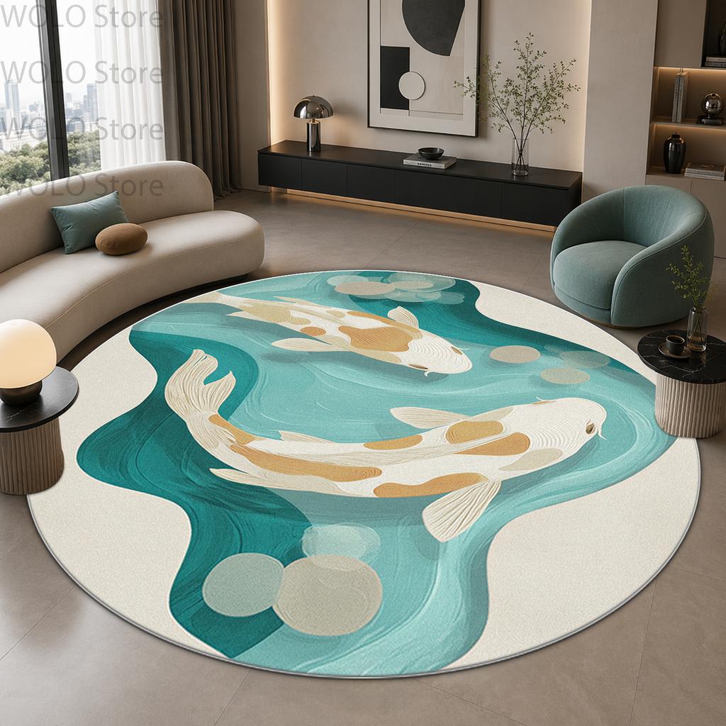 Koi Fish Pond 3D Pattern Living Room Round Rug Decoration Home Bedroom Study Non-slip Soft Chair Mat Bedside Washable Carpet