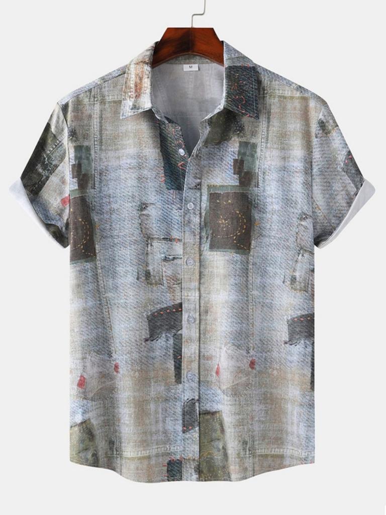 Camicia casual da uomo a maniche corte, con stampa 3D e bottoni, camicia estiva da spiaggia, camicia da campeggio, camicia formale da uomo a maniche corte