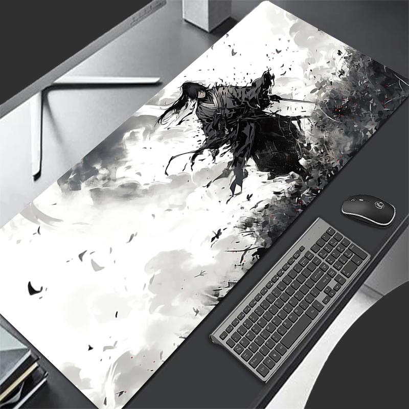 Mond Samurai Wolf Mauspads PC Cool Roter Anime Junge Tastaturteppich Gamer Schrank Mauspads Laptop Schwarz und Weiß Erweiterte Schreibtischmatte