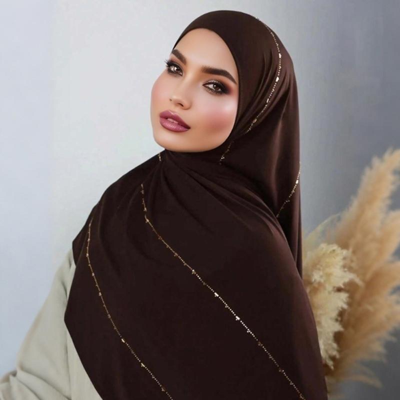 Elegant Rhinestones Embellished Mercerized Cotton Scarf For Women Lightweight Head Wrap Shawl Multifunctional Draping Accessory